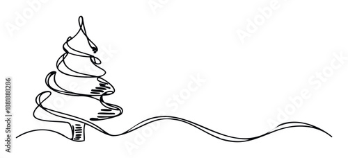Elegant single continuous line drawing of a minimalist Christmas tree for festive season greetings, holiday decorations, and celebratory graphic content.