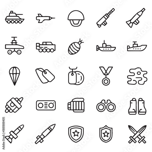 Military icons set tanks planes ships parachutes and other warfare elements