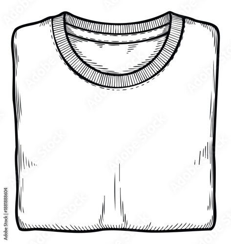 An outline drawing of a neatly folded crew neck tshirt or sweatshirt in a vintage sketch style ideal for apparel design, fashion illustrations, and clothing brand graphics.