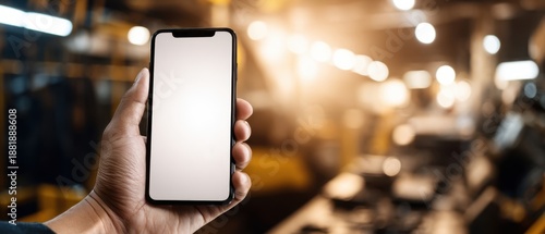 The smartphone held in hand over blurred workshop with warm bokeh lights