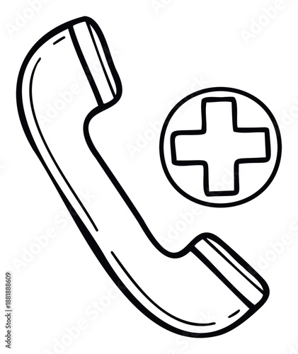 Emergency medical call icon featuring a traditional phone handset alongside a distinct cross symbol, perfect for health service contacts, urgent care awareness, or hospital contact graphics.