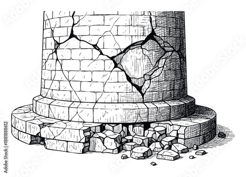 Grayscale illustration of a weathered stone structure with extensive cracks and scattered fragments, ideal for historical context, architectural studies, or conceptual art projects