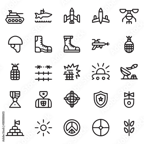 Military and defense icons set tanks planes helmets and various equipment