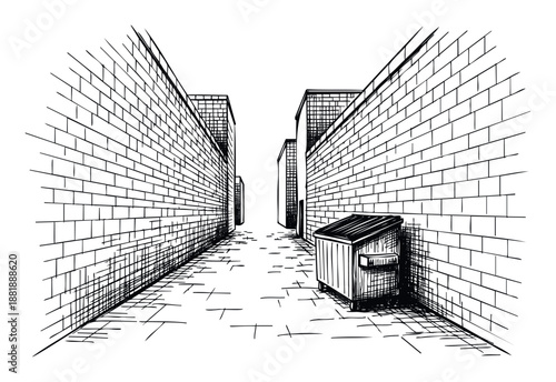 Handdrawn sketch portraying a narrow dark alleyway with tall brick walls and a garbage dumpster creating a deep perspective view for various urban and gritty project themes