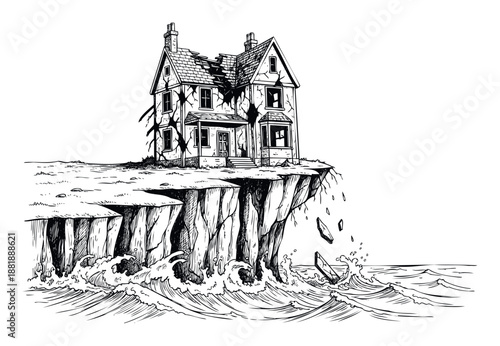 Abandoned dilapidated house teetering on a dramatically eroding cliff overlooking a turbulent sea with falling rocks, representing concepts of collapse, environmental crisis, vulnerability,