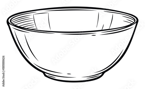 Simple black and white line drawing of a classic kitchen bowl, ideal for creating engaging graphic assets in cooking guides, recipe books, and foodrelated educational materials.