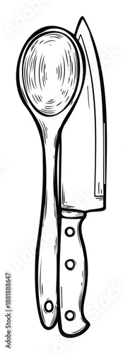 Stylized black and white drawing of essential kitchen utensils including a rustic wooden spoon and a sharp chefs knife, ideal for food preparation guides and recipe book covers