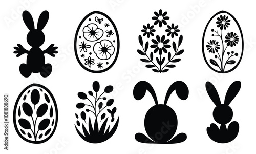 Festive Set Bundle Easter Silhouette eggs plants bunny decoration collection icons