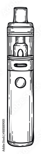 Monochrome sketch of an advanced personal vaporizer or ecig illustrating its components with fine lines ideal for health communication resources or informational graphics