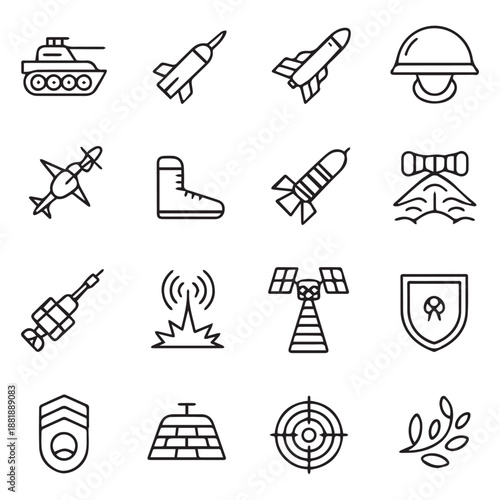 Military icons set featuring tanks missiles aircraft and protective equipment