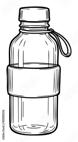 Empty reusable water bottle with screw cap and convenient carrying loop ideal for hydration during sports travel or daily use in a minimalist outline drawing style