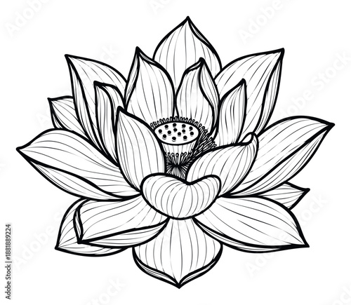 Elegant black outline drawing of a lotus flower blossom perfect for spiritual themes, yoga studio decoration, or a serene graphic design element.