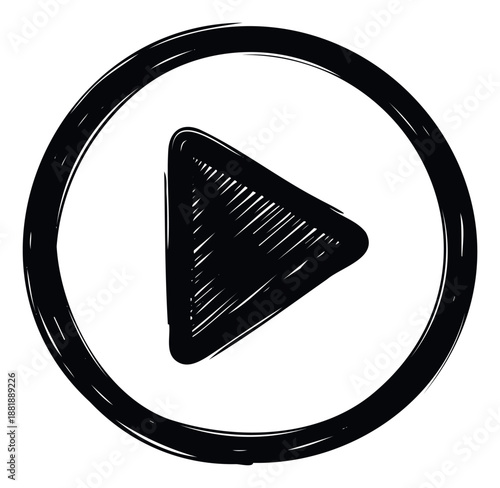 Hand drawn sketchy play button symbol in a rough brush stroke style circle suitable for modern social media, video player interface, or multimedia content applications