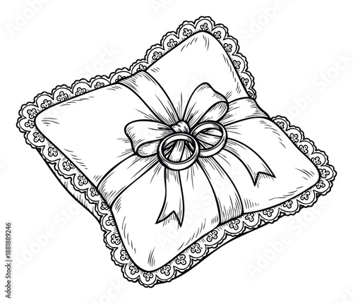 A charming hand drawn wedding ring pillow with a ribbon bow and two wedding bands is perfect for bridal shower invitations or romantic event decorations.