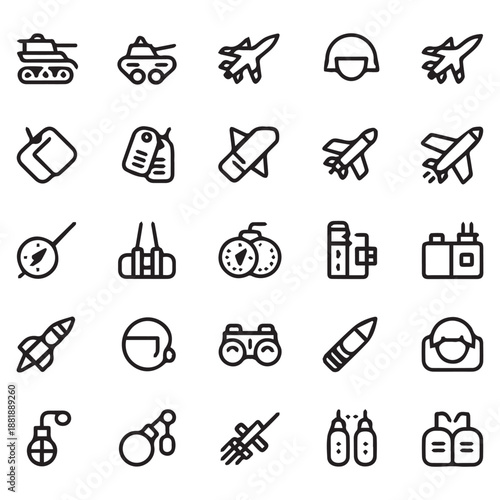 Military and travel icons tanks planes navigation and protective gear collection