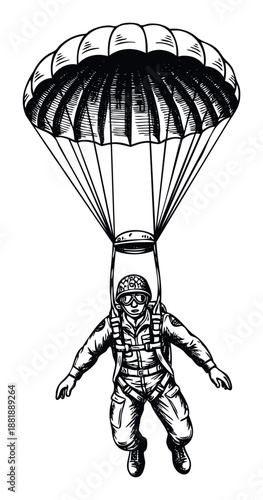 A detailed black and white sketch captures a skilled paratrooper in full combat gear descending with an open parachute, suitable for military history publications or actionthemed projects