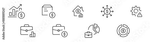 Outline business and Investment icons set for analytics, financial planning, productivity, documents, home, settings, finance, tools, and money management. editable stroke lines