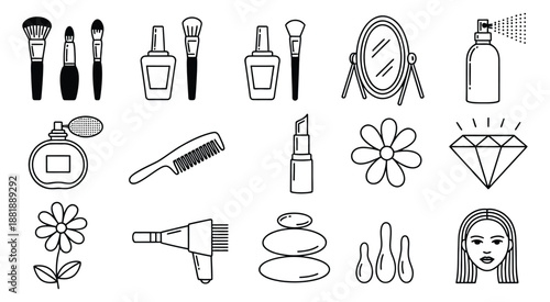 beauty and personal care doodle icon set vector illustration including skincare cosmetics hair care hygiene and wellness elements for lifestyle design projects