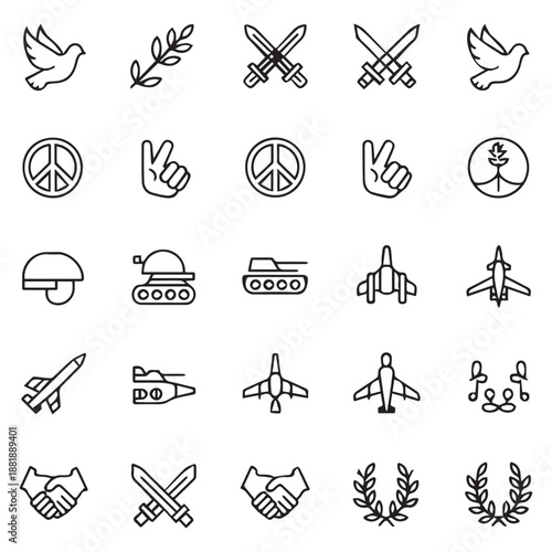 Line art icons depicting peace war and symbols of conflict resolution