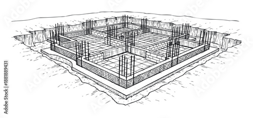 Architectural plan showing a building foundation with rebar and concrete in an isometric view, perfect for construction education, engineering presentations, and architectural documentation