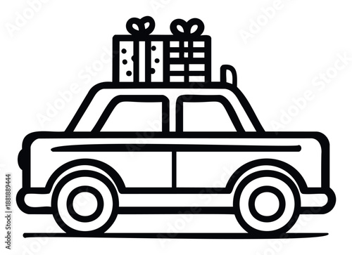 A simple black and white outline graphic of a car with two wrapped gift boxes on its roof, suitable for holiday promotions, seasonal greetings, and festive delivery themes.