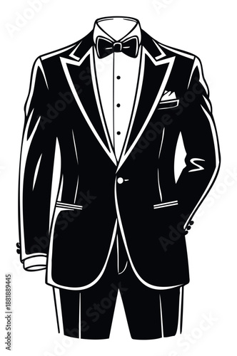 Elegant formal black tie tuxedo ensemble featuring a classic suit jacket with a bow tie and trousers perfect for event invitations or wedding stationery