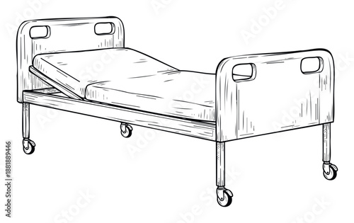 Hand drawn medical hospital bed for healthcare facility design and patient recuperation concepts or educational health services graphics.