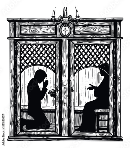 Confessional booth with two silhouettes, one kneeling in prayer and the other seated offering guidance, capturing a solemn moment of spiritual reflection for religious content and