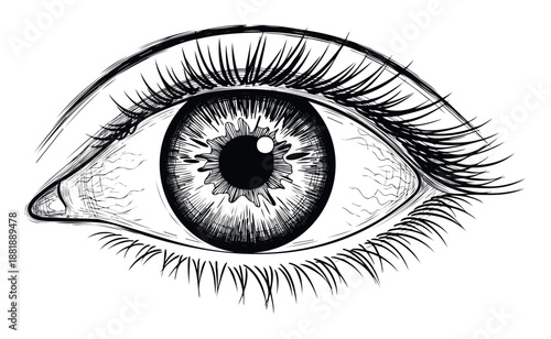 Striking black and white human eye drawing with detailed lashes and iris for captivating visual communication in publications, posters, or digital media
