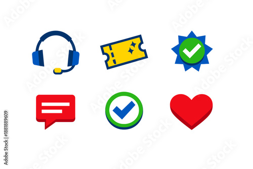 Various icons representing support tickets validation communication