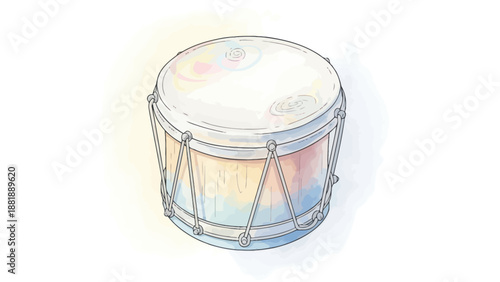 Illustration of a musical drum instrument with wooden shell and white drum head