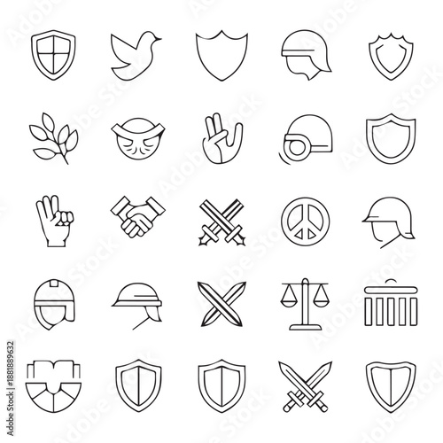 Collection of minimalistic line icons depicting security peace and protective symbols