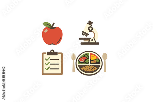 Food health and science icons with apple checklist microscope and