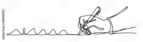 Simple oneline drawing of a hand holding a pen actively writing a continuous wavy line, perfect for educational materials, business presentations, or creative project communication.