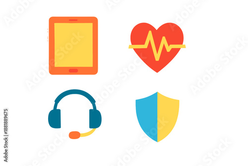 Icons showing health technology monitoring support and security on a