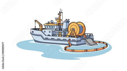 Fishing trawler boat with net deployed in ocean water