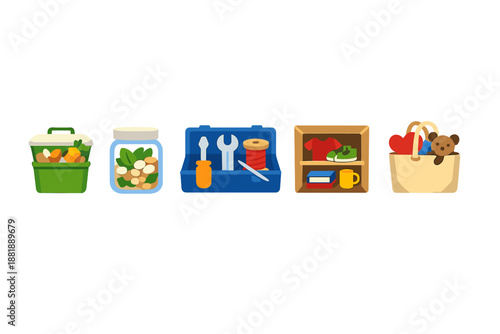 Various containers and items displayed on a white background for