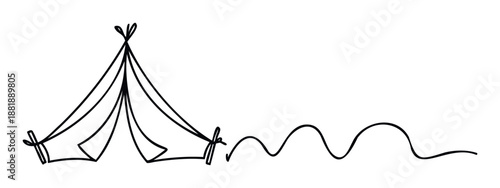 Continuous line drawing of an outdoor camping tent or teepee with a flowing wavy trail symbolizing nature and adventure perfect for travel agency branding and wilderness exploration themes