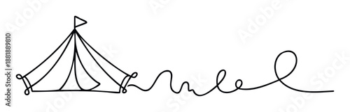 Minimalist continuous line drawing of a simple outdoor camping tent connected to a fluid abstract wavy line, perfect for travel blogs, adventure concepts, or branding related to exploration