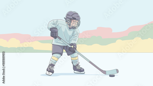 Young hockey player ready to strike puck on outdoor ice rink