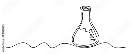 A flowing minimalist single continuous line drawing of an Erlenmeyer flask with liquid and bubbles is perfect for scientific education materials or chemistry laboratory themed graphics.