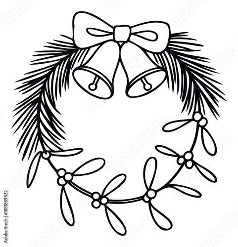 Festive holiday wreath with evergreen branches, a decorative bow, and ringing bells, perfect for Christmas celebrations and seasonal decorations