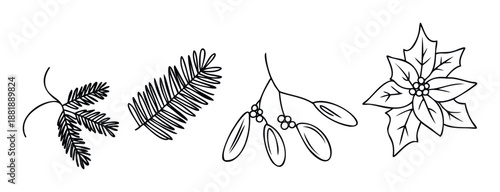 This collection of handdrawn Christmas foliage icons including pine, fir, mistletoe, and poinsettia is perfect for festive holiday greeting designs, seasonal decorations, and winterthemed