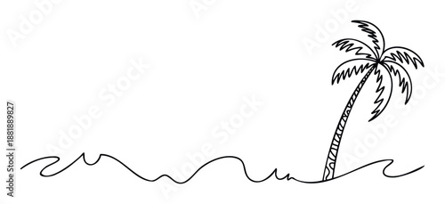 A simple black outline drawing of a tropical palm tree standing on a sandy beach line, perfect for summer vacation themed graphic projects and seasonal promotions.