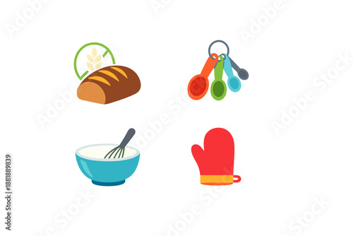 Baking bread and preparing ingredients in kitchen