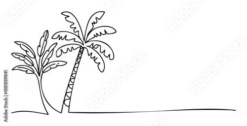 Continuous line drawing of two tropical palm trees perfect for summer vacation themed promotions, minimalist travel agency branding, or simple beach resort website graphics