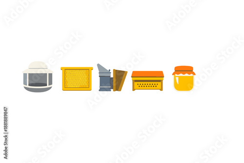 Various tools and containers used in beekeeping activities for honey