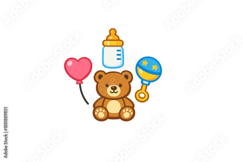 Teddy bear sits with a bottle balloon and rattle in a simple design