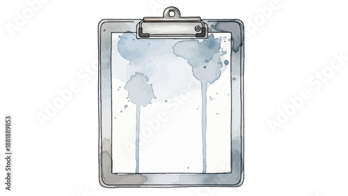Gray watercolor paint blotches on paper clipped to a metal clipboard