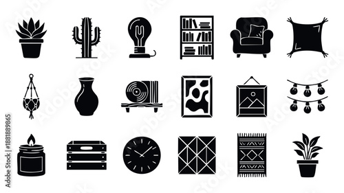 Modern essential interior decoration and household items depicted as elegant black silhouette icons suitable for room design layouts, mobile applications, and web templates
